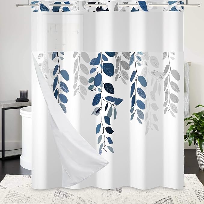 No Hook Eucalyptus Shower Curtain with Snap in Liner Blue Leaves Plant Shower Curtain with Liner Double Layers Hotel Fabric Washable 71x74 Inch