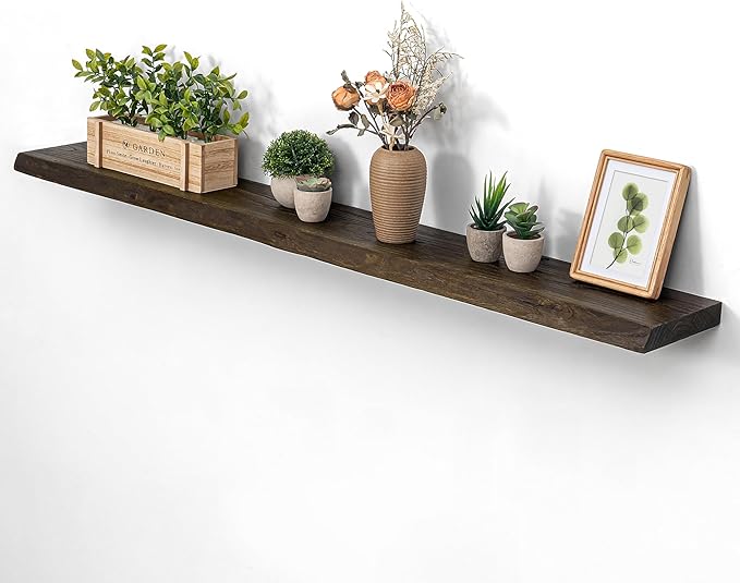 55 Inch Floating Shelves for Wall, Solid Elm Wood Live Edge Wall Shelf for Home Decor, 8 Inch Deep Floating Shelf, 55 x 8 Wooden Shelves for Bathroom Living Room Kitchen, Walnut Color, Set of 1