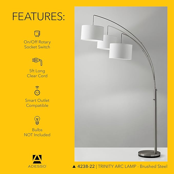 Adesso Arc Floor Lamp with 3 Movable Shades & Dimmable Brightness - Perfect Lighting for Bedroom, Living Room and Corner Decor, Brushed Steel