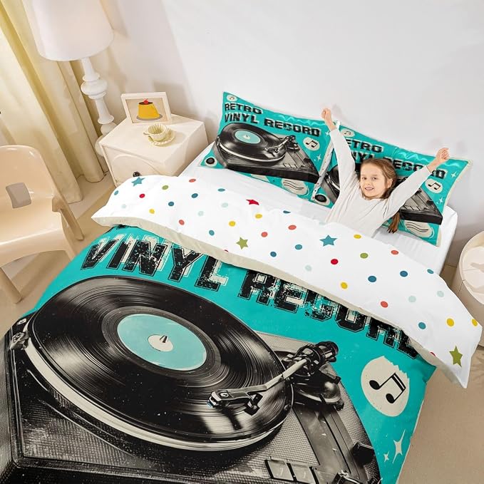 Erosebridal Retro Music Duvet Cover King for Boys Men - Retro Vinyl Record Bedding Set Vintage Nostalgic Music Comforter Cover,Rustic Musical Notes Bed Set