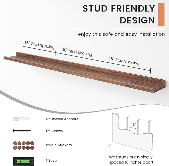 Floating Picture Ledge Shelves Set of 4, 56 Inch Shelves with Lip - Large Nursery Book Shelf for Toys Storage, Kids Bookshelf Wall Mounted Living Room Bedroom Decor Frames
