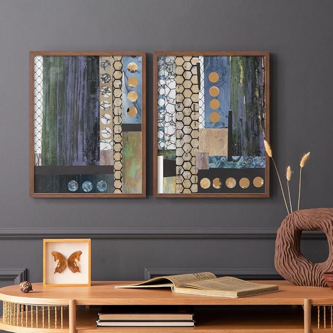 Renditions Gallery Set of 2 Peel & Stick Framed Prints, Geometric Abstract Wall Art, Hexagonal and Circular Pattern Wall Decor, Re-Stickable - Ready to Hang - 16"x20" - Walnut Frame LT588