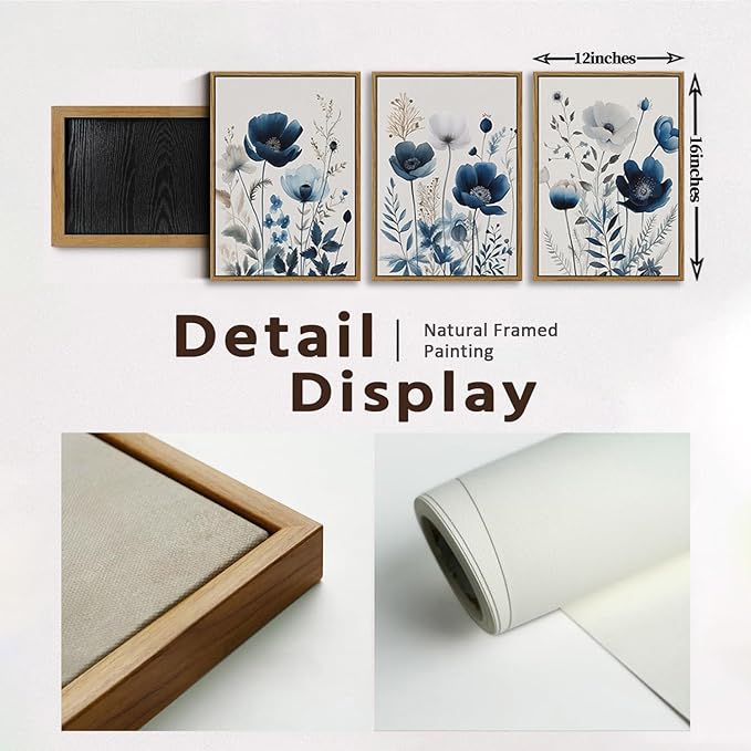 BingruiArt Navy Blue Wall Art Canvas Abstract Floral Painting Blue and Gray Posters Flower Decor Wildflower Pictures Botanical Prints for Living Room Bedroom Bathroom 3 Pcs 12"x16" Natural Framed