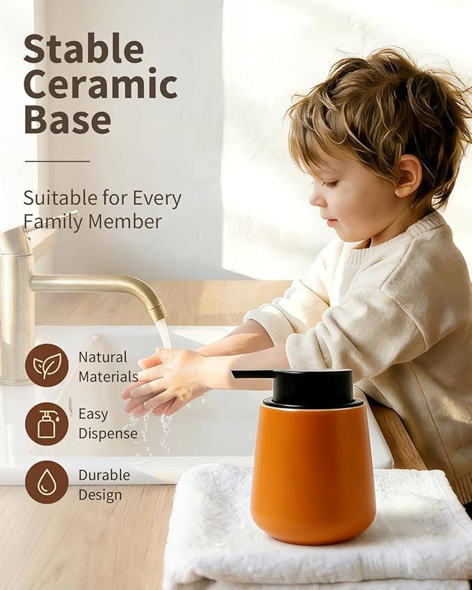 BosilunLife Foam Hand Soap Dispenser - 12 oz Bathroom Hand Pump Dispenser Foaming Soap Dispenser Ceramic Dish Wash Dispenser for Kitchen, Orange