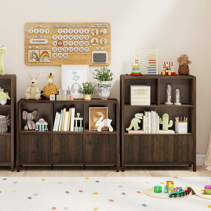 FATORRI 5 Cube Bookshelf and 6 Cube Bookcase with Doors (Dark Walnut)