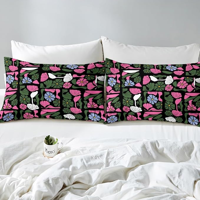 Erosebridal Boho Abstract Floral Duvet Cover King Mid Century Modern Bedding Set Vintage Pink Green Floral Comforter Cover for Kids Adults,Aesthetic Patchwork Geometric Bed Set