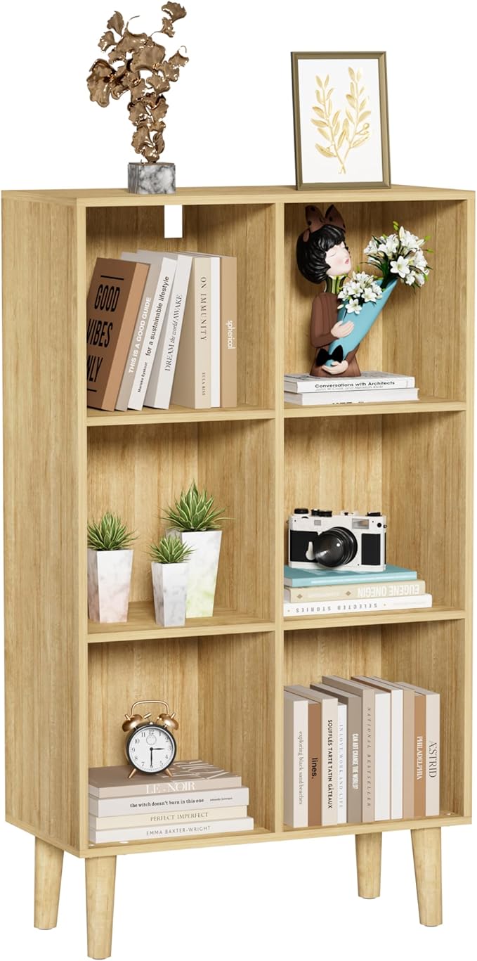 6 Cube Bookcase, Wooden Book Shelf Cube Storage Organizer with Legs, 3 Tier Bookshelf Freestanding Open Shelves for Bedroom, Living Room and Home Office (Oak, 6 Cube Vertical)