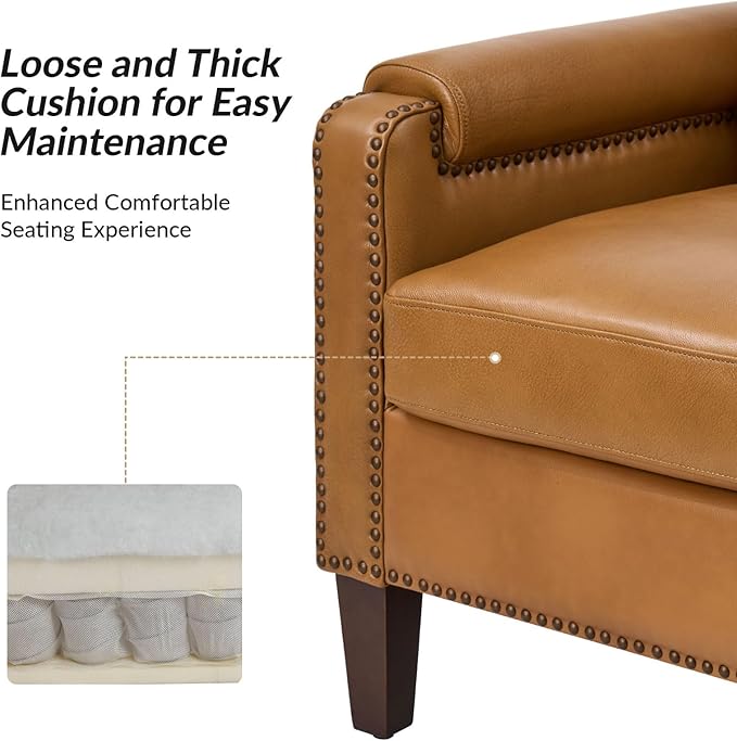 HULALA Home Genuine Leather Accent Chair with Wooden Legs & Nailhead Trim, Comfy Upholstered Armchair with Removable Cushion & Rolled Arms Set of 2 (Camel)