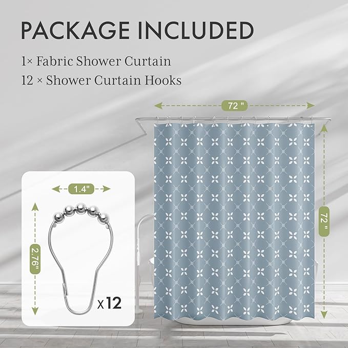 AmazerBath Shower Curtain Blue, Cloth Blue and White Floral Fabric Shower Curtain Sets with 12 Shower Curtain Hooks, Rustic Home Decor Washable Farmhouse Fall Bathroom Shower Curtains, 72x72 Inches