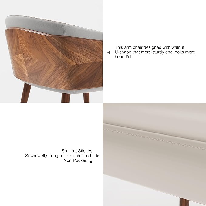 ARTPLAN Modern Upholsted Accent Dining Chairs,Mid-Century Faux Leather with Walnut for Kitchen,Office Waiting Room Arm Sitting Chair, Beech Legs Dissassembly Adjustable Feet,Cream