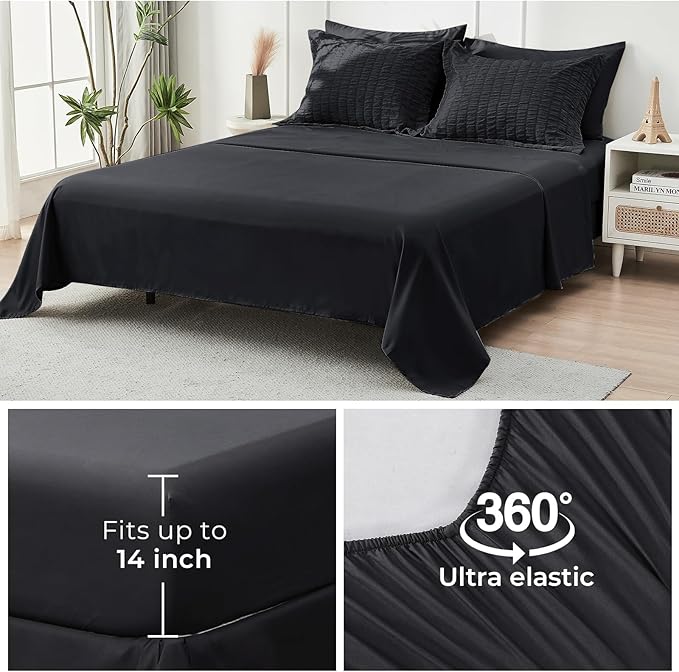 HYMOKEGE Black Oversized Queen Comforter Set Seersucker 7 Pieces, All Season Luxury Bed in a Bag for Bedroom, Bedding Set with Comforter, Sheets, Pillowcases & Shams