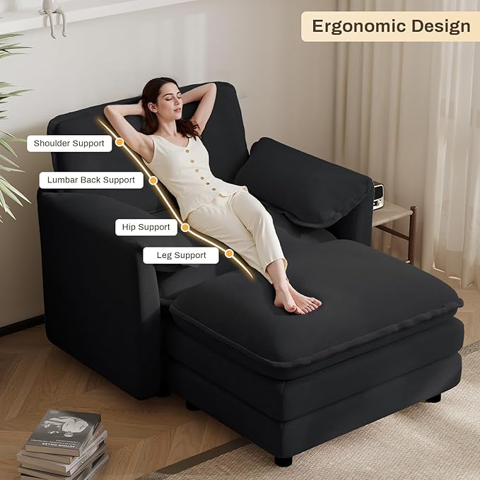 Oversized Chaise Lounge Chair Indoor with Ottoman, Firm Solid Wood Frame with Long Service Life Chenille Oversized Lounge Reading Chair for Study Room - Black