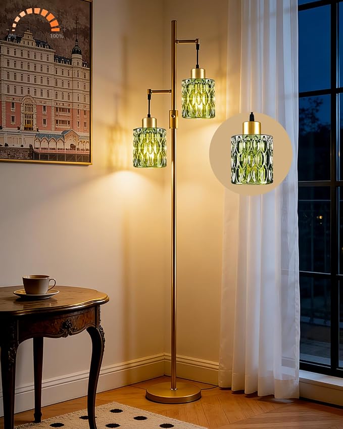 65IN Glass Floor Lamp, 2-Light Gold Tall Standing Lamps Dimmable with Green Glass Lampshade, 3000K Warmwhite Mid Century Modern Floor Lamp with 5Lbs Heavy Base for Living Room/Bedroom/Corner