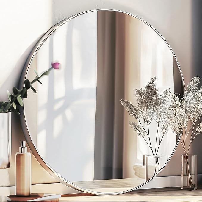 Sunniry Silver Round Mirror 26 inch, Silver Circle Mirror with Brushed Aluminum Frame, Circle Wall Mirrors for Bathroom, Living Room, Hallway, Bedroom.