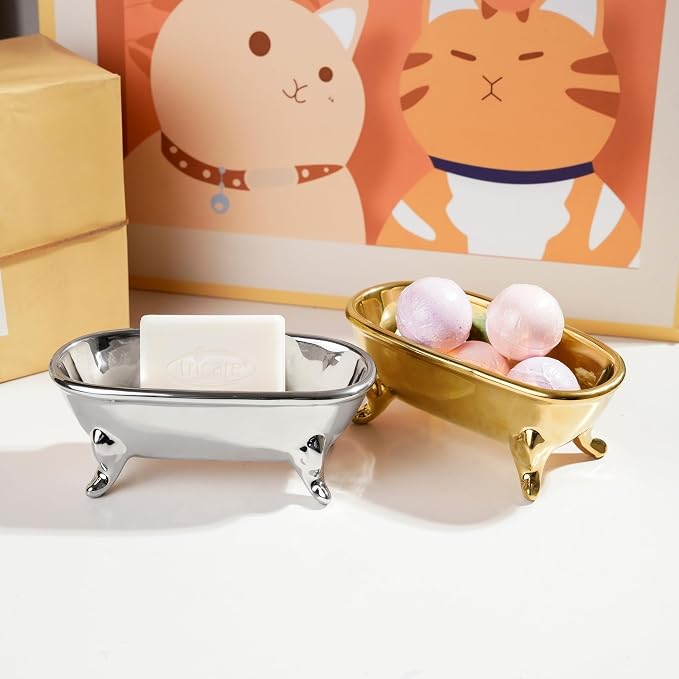 6.7" Ceramic Mini Clawfoot Bathtub Bar Soap Dish, Decorative Bar Soap Holder, Soap Tray Sponge Holder for Shower, Bathroom & Kitchen Sink (Silver)