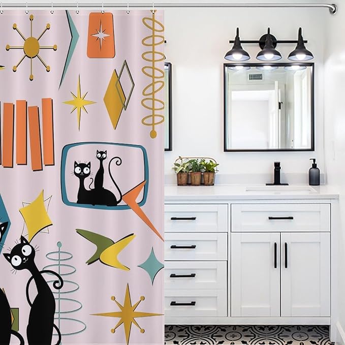 Mid Century Shower Curtains Black Cat Atomic Age Space Pink Pattern Duty Fabric Shower Curtain Set Bathroom Polyester Waterproof with 12 Hooks, 66x72Inch（168x183cm）