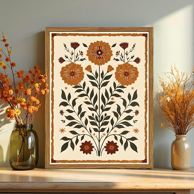 Framed Vintage Mexican Floral Wall Art, Boho Flower Pictures Wall Decor, Folk Marigolds Botanical Paintings Canvas Prints Rustic Home Decor for Living Room Bedroom 16x24 inch