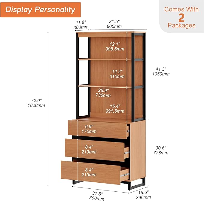 WAMPAT Modern 72" Tall Bookcase with 3 Drawers and Open Book Shelfs, Library Book Shelf with Storage Cabinet, Wood Freestanding Bookshelf for Home Office, Living Room, Mocha