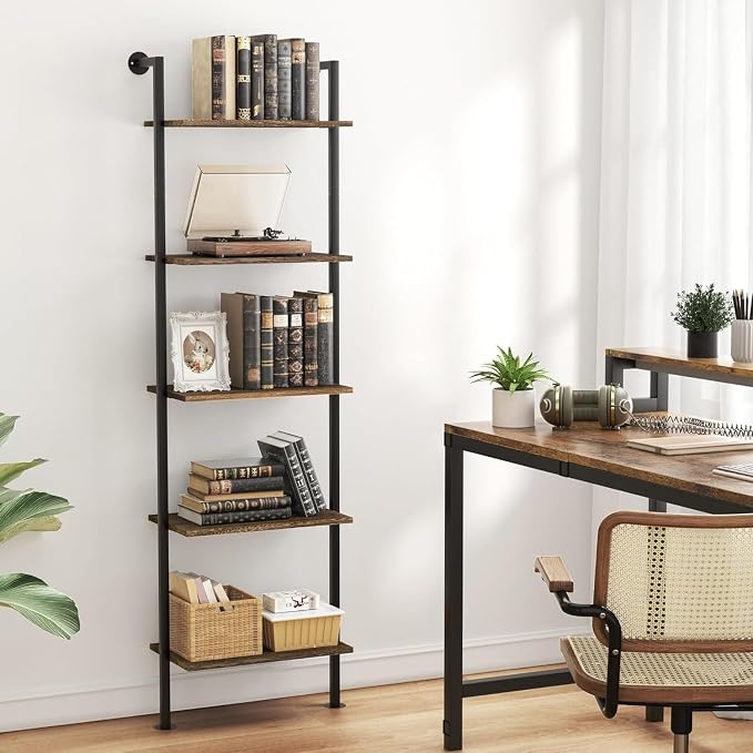 Acovy 5-Tier Bookshelf Solid Wood Ladder Shelf, Narrow Book Shelf Display Shelf, Wooden Bookcase, Wall Mount Ladder Shelf, Storage Rack for Living Room, Bedroom, Industrial Style, Dark Brown