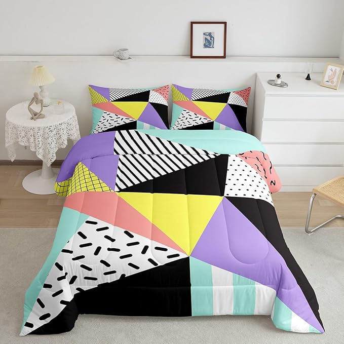 Manfei Memphis Comforter Set Twin Size, Geometric Triangle Pattern Quilt Set with 1 Pillowcase, Retro 80s 90s Fashion Style Bedding Set 2pcs for Kids Boys Girls Lightweight Duvet Insert