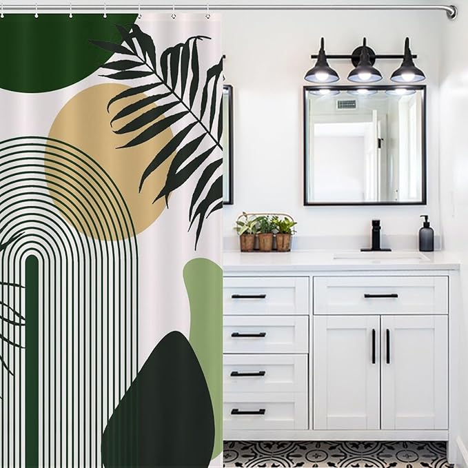 Boho Mid Century Sun Shower Curtain Printed Modern Rainbow Leaves Green Design Washable Waterproof Fabric for Bathroom Decor Bathtub with 12 Hooks 55x72in（140x183cm）