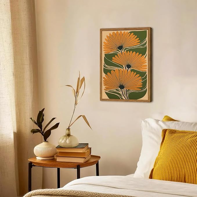 Framed Boho Floral Canvas Wall Art, Vintage Flower Pictures Wall Decor, Abstract Botanical Paintings Prints Maximalist Home Decor for living Room Bedroom Office 12x16 inch