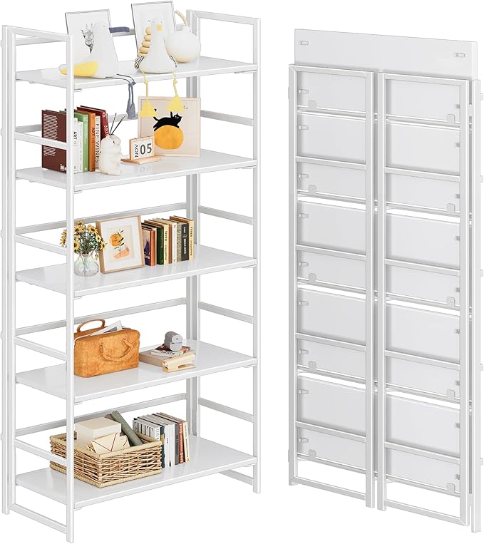 4NM No Assembly 5 Tiers Collapsible Book Shelves, 51.2" H Folding Bookshelf Bookcase Open Industrial Foldable Shelves for Bedroom, Living Room, Home Office - All White