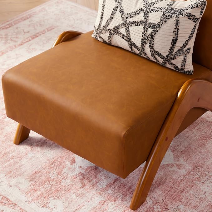 Oversized Accent Chair, upholstered armless mid Century Modern Living Room Chair with Wooden Legs for Bedroom/Office/Cafe, Faux Leather Cognac Brown