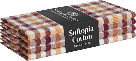 Multicolor Check Kitchen Towels 4 Pack, 100% Cotton Tea Towels, 18"x26" Quick Dry Dish Cloths for Drying Dishes, Reusable, Absorbent - Burgundy Wine, Brown, Mustard Yellow, Natural