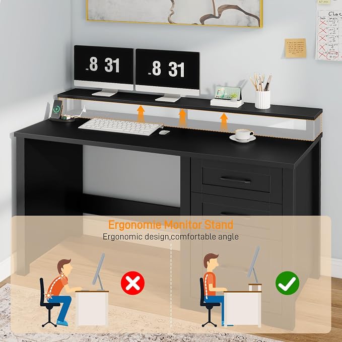 Vabches 47" Farmhouse Executive Desk with Monitor Stand & File Cabinet,3 Drawers Computer Desk with LED Lights and Power Outlets,Workstation for Home Office, Study,Writing.Pure Black