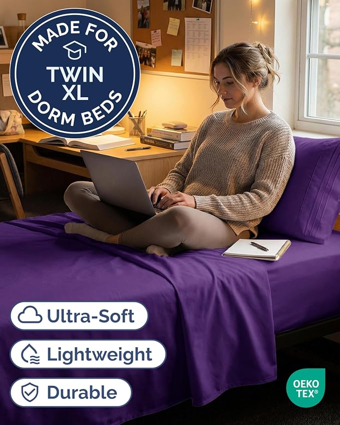 Twin XL Size 3 Piece Sheet Set - Comfy Breathable & Cooling Sheets - Hotel Luxury Bed Sheets for Women & Men - Deep Pockets, Easy-Fit, Extra Soft & Wrinkle Free Sheets - Purple Oeko-Tex Bed Sheet Set