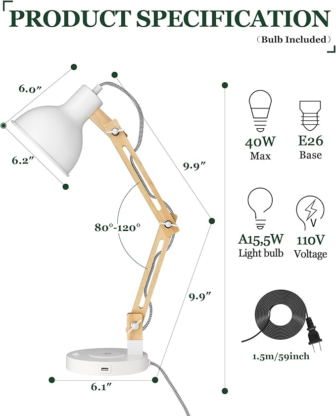 ELYONA Japandi White Desk Lamp with Wireless Charger, Solid Wood Table Lamp with USB C Charging Port, Swing Arm Reading Task Light with LED Bulb for College Dorm, Office, Living Room, Bedroom