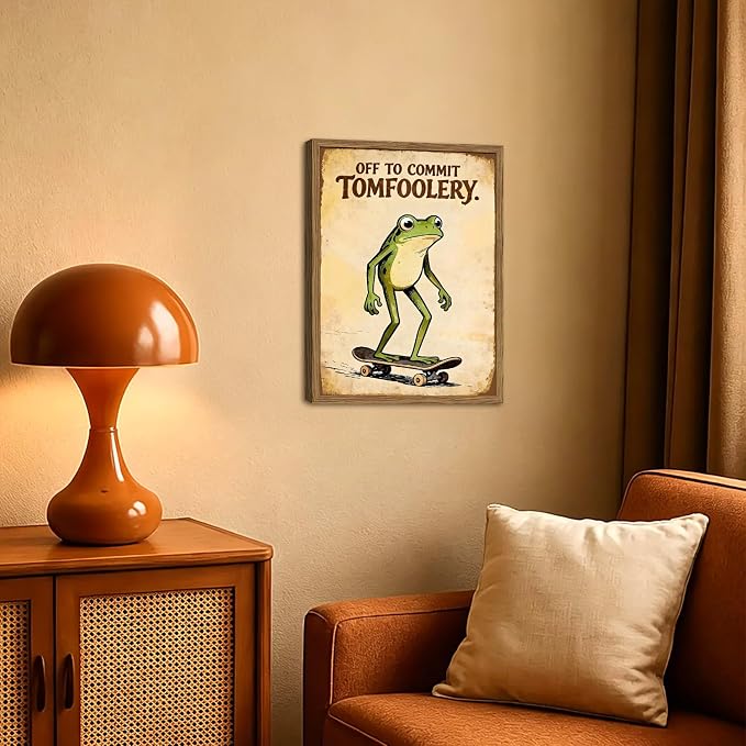 Funny Frog Skateboard Wall Art Cute off to Commit Tomfoolery Signs Wall Decor Painting, Funky Frog Animal Poster Canvas Print Picture for Living Room Bedroom 16x24 inch Wood Framed