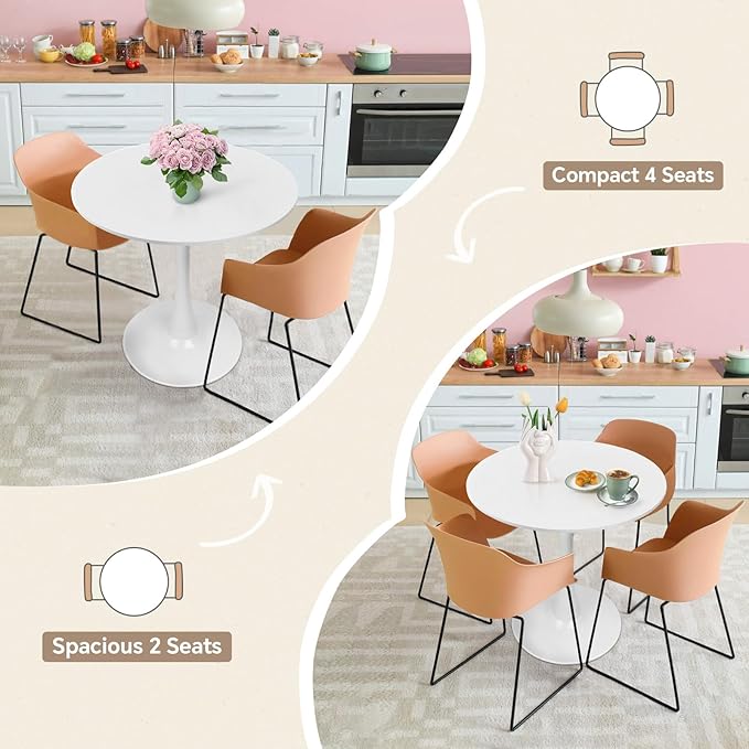 Round Dining Table 27.5" White Tulip Table with Pedestal Base for 2-4 People Small Space - Kitchen Living Room Cafe
