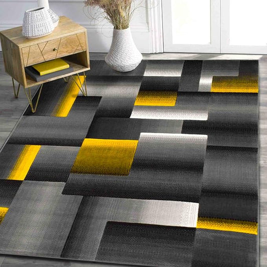HR Rug in Orangish Yellow - Premium Quality Orangish Yellow/Black/Gray Abstract Geometric Modern Squares Pattern Area Rug - Contemporary Styling for Living Room, Bedroom - Unique Home Décor