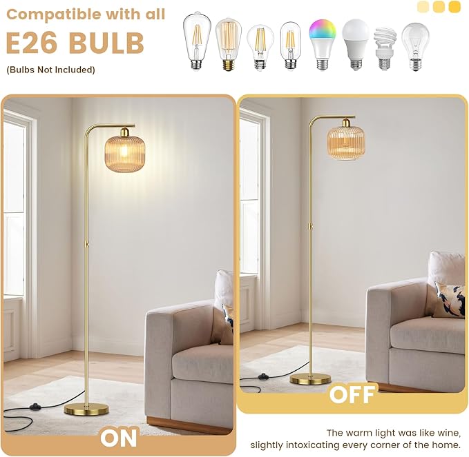Glass Floor Lamp for Living Room, Mid Century Modern Dimmable Floor Lamp with Amber Glass Shade and Pedal Switch, 67" Tall Vintage Gold Standing Lamp for Bedroom Study Room