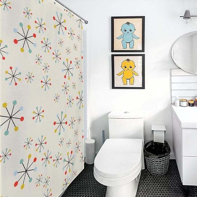 Mid Century Atom Pattern Shower Curtains, Colorful Retro Abstract Geometry Fashion Artistic Washable Waterproof Fabric for Bathroom Decor Bathtub with 12 Hooks 55x72in（140x183cm）