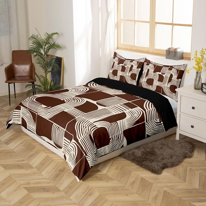 Erosebridal Bohemian Geometric King Bedding Set for Boys Mid Century Abstract Comforter Cover for Kids Teens Adult Brown Boho Ethnic Duvet Cover Modern Abstract Striped Bed Sets with 2 Pillow Cases