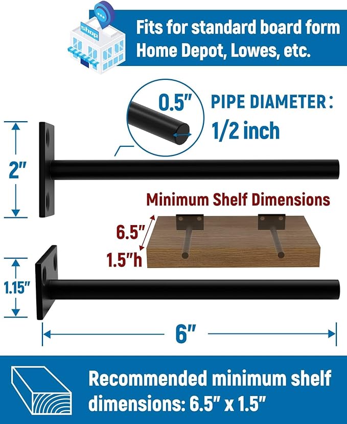 LEOPO 8-Pack 6 inch Floating Shelf Brackets, Hidden Shelf Bracket for Wood, Concealed Blind Shelving Support,Invisible Black Coated Brackets for DIY Decorative,Fit for Kitchen, Bathroom,Study Room