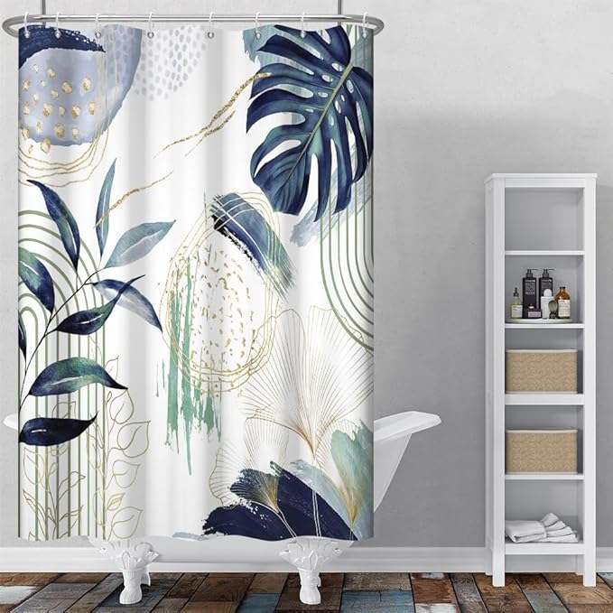 Mid Century Boho Shower Curtain Dark Green and Blue Palm Leaf Abstract Minimalist Aesthetic Bathroom Decor Watercolor Plant Bathtub Curtains Washable Waterproof Polyester Fabric with Hooks 36x72 Inch