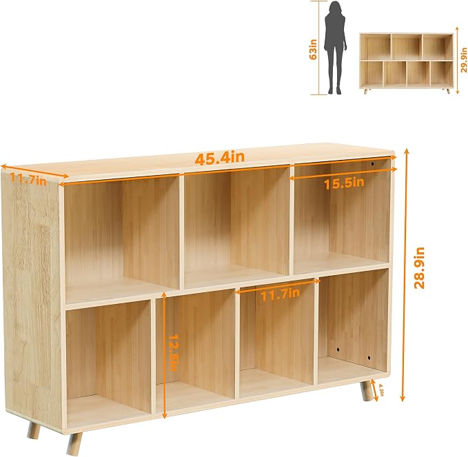 YZU 45" Wide Bookshelf, 7 Cube Storage Organizer, Solid Wood for Home, Office, Natural Wood