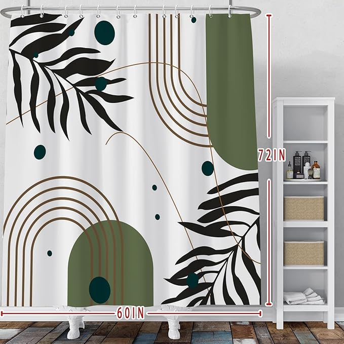 Baocicoo Mid Century Boho Shower Curtain Botanical Abstract Green Leaf Shower Curtain for Bathroom Hostel Hotel Cubicle Bathtub Decor Durable Waterproof Curtain for Bathroom with Hooks 60x72 Inches