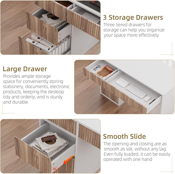 4 EVER WINNER White Desk with Drawers, 48 Inch Computer Desk with Hidden Handle and Storage Cabinet, Writing Desk with Drawers for Home Office Study Table, White and Walnut