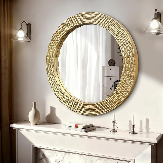 WAMIRRO Gold Round Wood Mirror, 28 Inch Hand Carved Solid Wood Frame Circle Mirror for Wall Mount, Farmhouse Boho Decor for Living Room, Bathroom, Bedroom, Hallway & Entryway