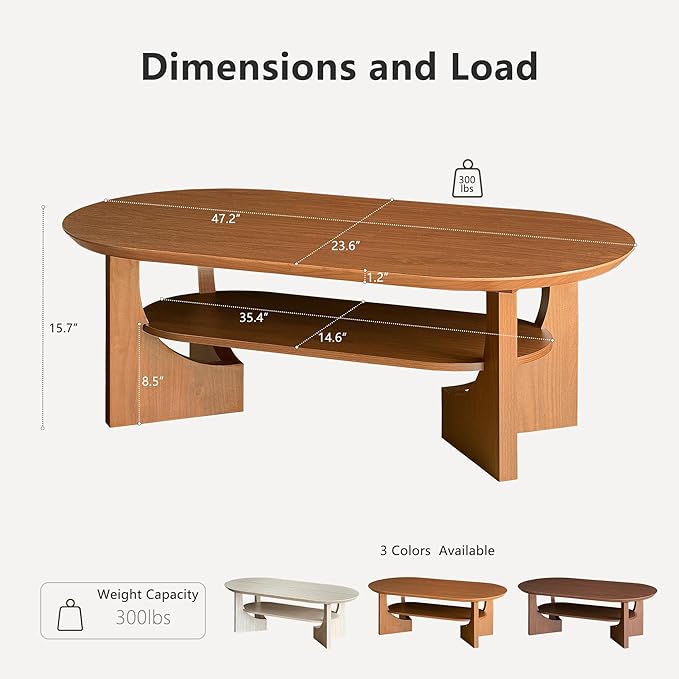 Mid Century Modern Coffee Table, 47" Oval Wood Coffee Tables for Living Room, 2 Tier Curved Round Center Table with Storage Shelf & Sturdy Base, Minimalist Retro Tea Tables