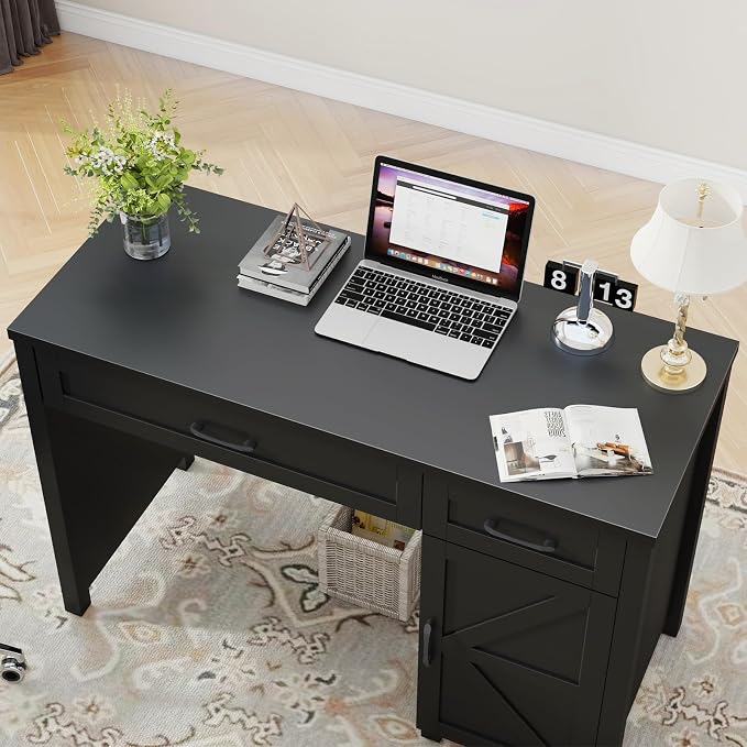Vabches Farmhouse 47" Executive Desk, Computer Desk with Drawers and Storage Cabinet, Workstation for Home Office and Study.(Pure Black)