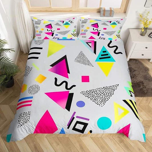 80s 90s Bedding Set Memphis Pattern Old Fashioned Comforter Cover King,Geometric Abstract Colorful Dots Funky Duvet Cover Retro Bed Set,Multicolor Vintage Rainbow 80'S Style 1980S Home Decor,Grey