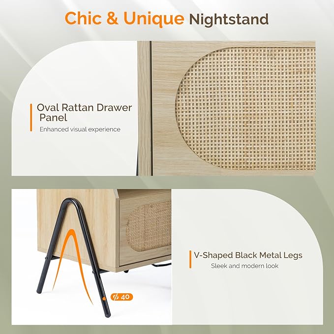 VINGLI Rattan Nightstands with Charging Station, 17.6" W Boho Nightstand Set of 2 with Drawer, Wood Nightstand Bedroom, Boho Night Stands Oak, Natural Rattan Side Table/End Tables Living Room