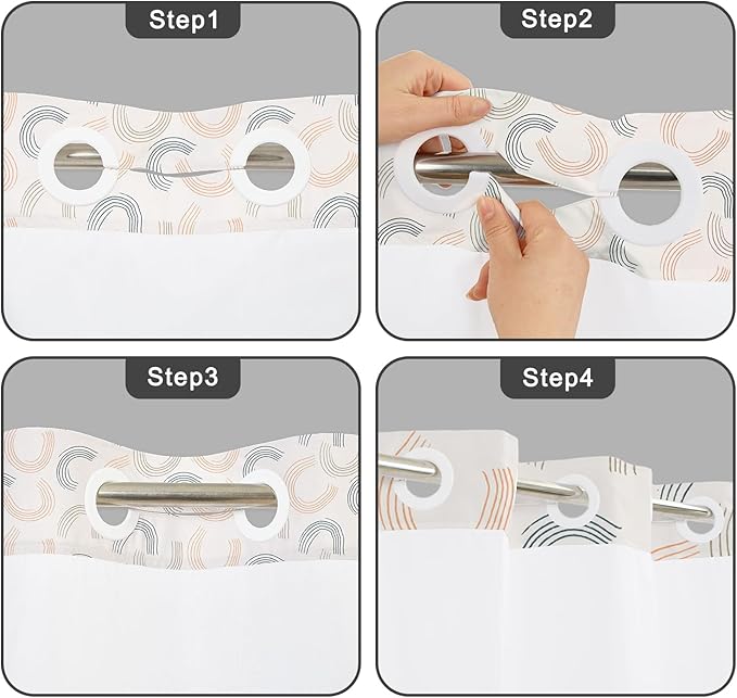 No Hook Shower Curtain with Snap in Fabric Liner Set - Modern Geometric Curve Design, Waterproof Double Layers with Beige & Blue Line for Bathroom Decor, See Through Top Window, 71x74 Inch