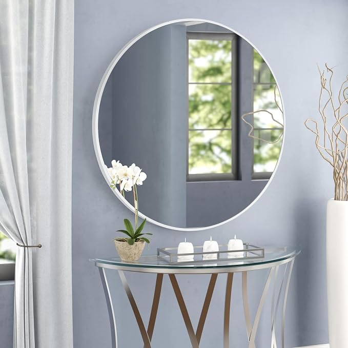 Round Wall Mirror 36 Inch, Large Circle Mirrors with White Wood Frame for Bathroom, Entry, Dining Room & Living Room,Tempered Glass-Shatterproof Mirror (White, 36 in)